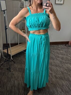 Two Piece Set: Turquoise Tiered Maxi Skirt - Crop Top